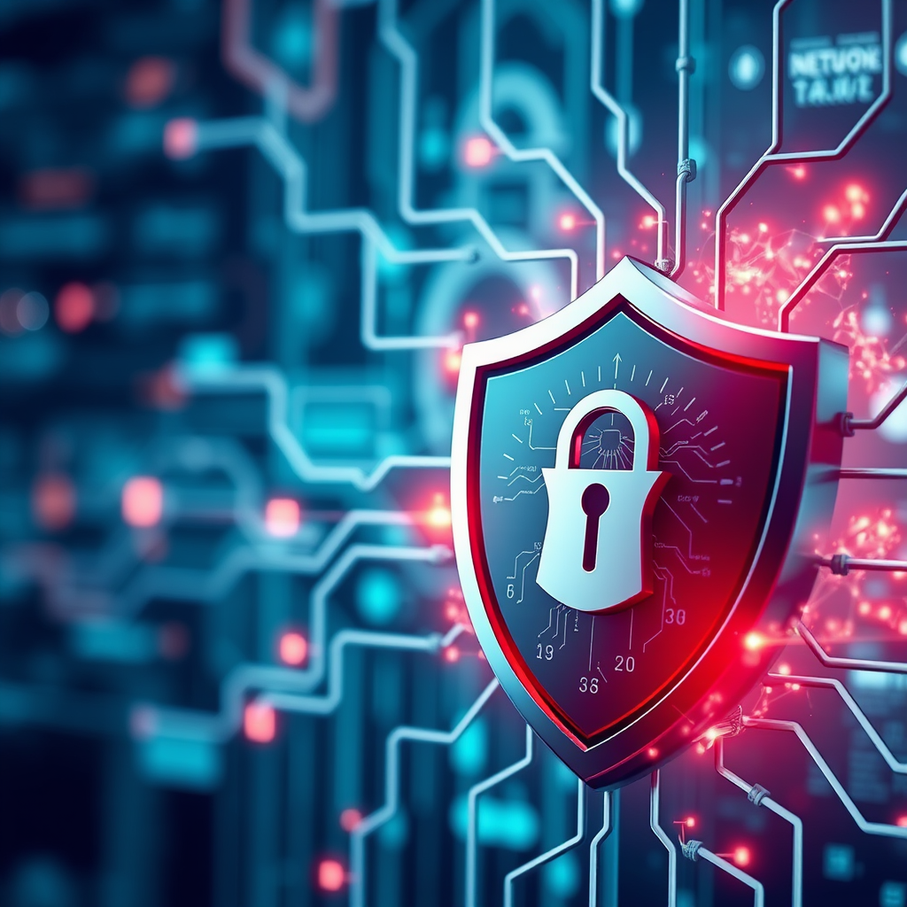 Network security shield with firewall protection, intrusion detection systems, and security audit tools for small business infrastructure protection