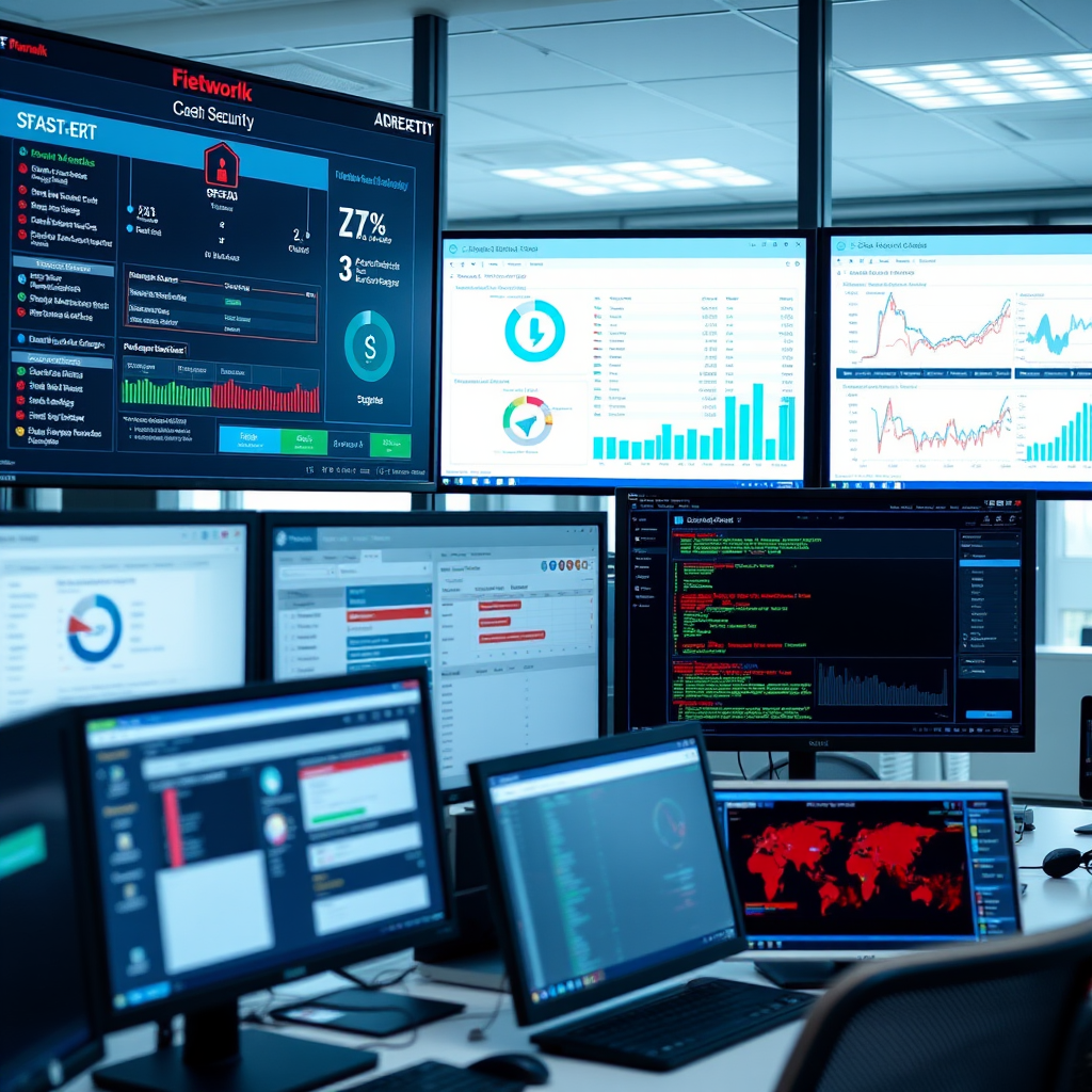 Modern network security dashboard showing firewall status, intrusion detection alerts, and security monitoring tools on multiple computer screens in a professional IT environment