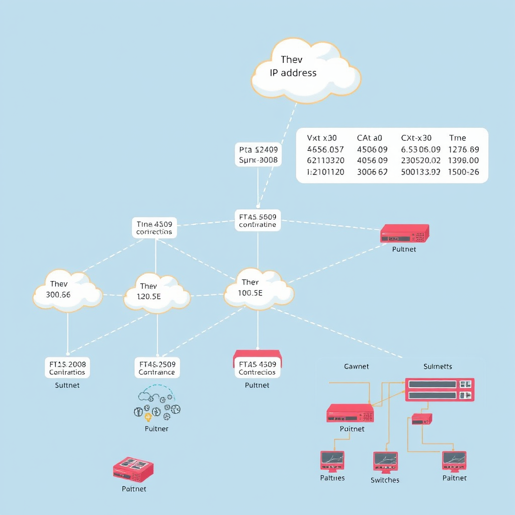 Network infrastructure diagram showing IP address allocation across multiple subnets with routers, switches, and connected devices in a hierarchical topology