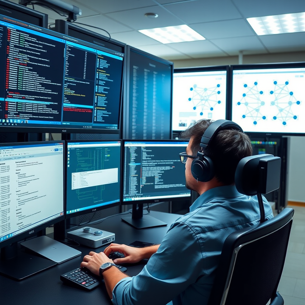 Network administrator working on multiple monitors displaying network diagnostic tools, command line interfaces, and network topology diagrams in a modern server room environment