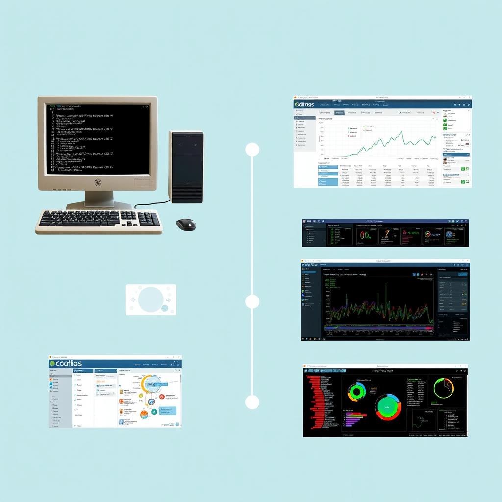 Evolution timeline showing progression from basic ping commands on old computer terminals to modern network scanning dashboards with advanced analytics and real-time monitoring displays