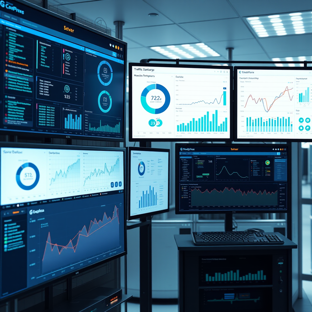 Modern enterprise network monitoring dashboard displaying real-time network performance metrics, server status indicators, and traffic analysis charts on multiple screens in a professional data center environment