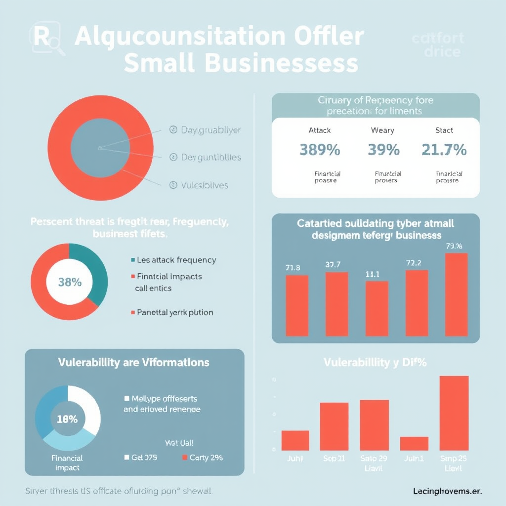 Infographic displaying cybersecurity threat statistics for small businesses, showing pie charts and bar graphs with attack frequency, financial impact, and vulnerability data