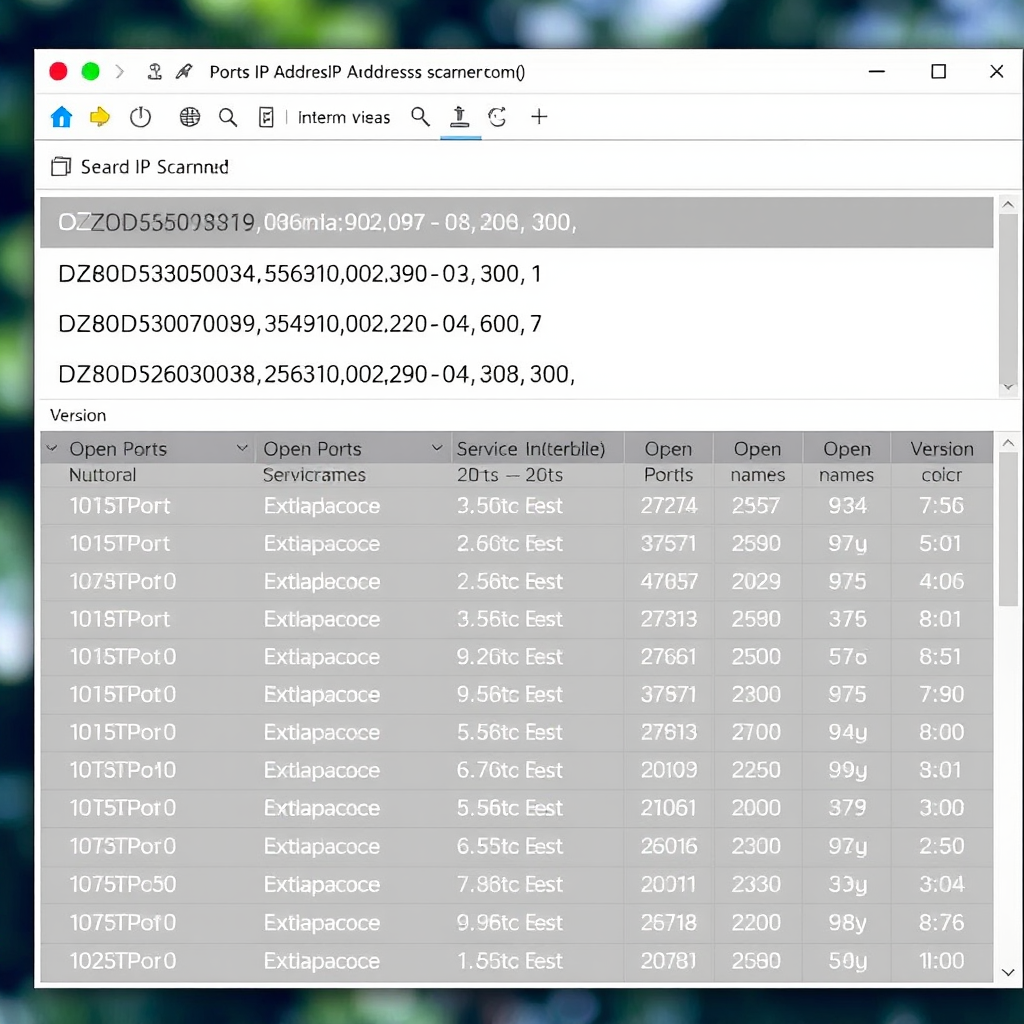 Screenshot of a port scanning tool interface showing multiple IP addresses being scanned with results displaying open ports, service names, and version information in a structured table format