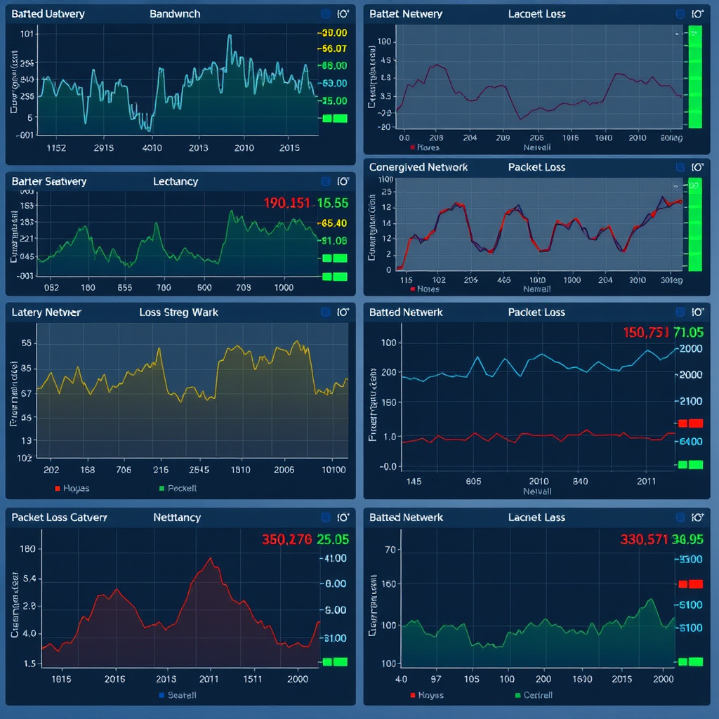 Detailed network performance visualization showing bandwidth utilization graphs, latency measurements, and packet loss statistics across multiple network segments with color-coded status indicators