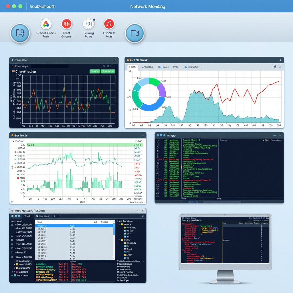 Network troubleshooting dashboard with diagnostic tools, packet analysis graphs, connectivity test results, and network monitoring interfaces