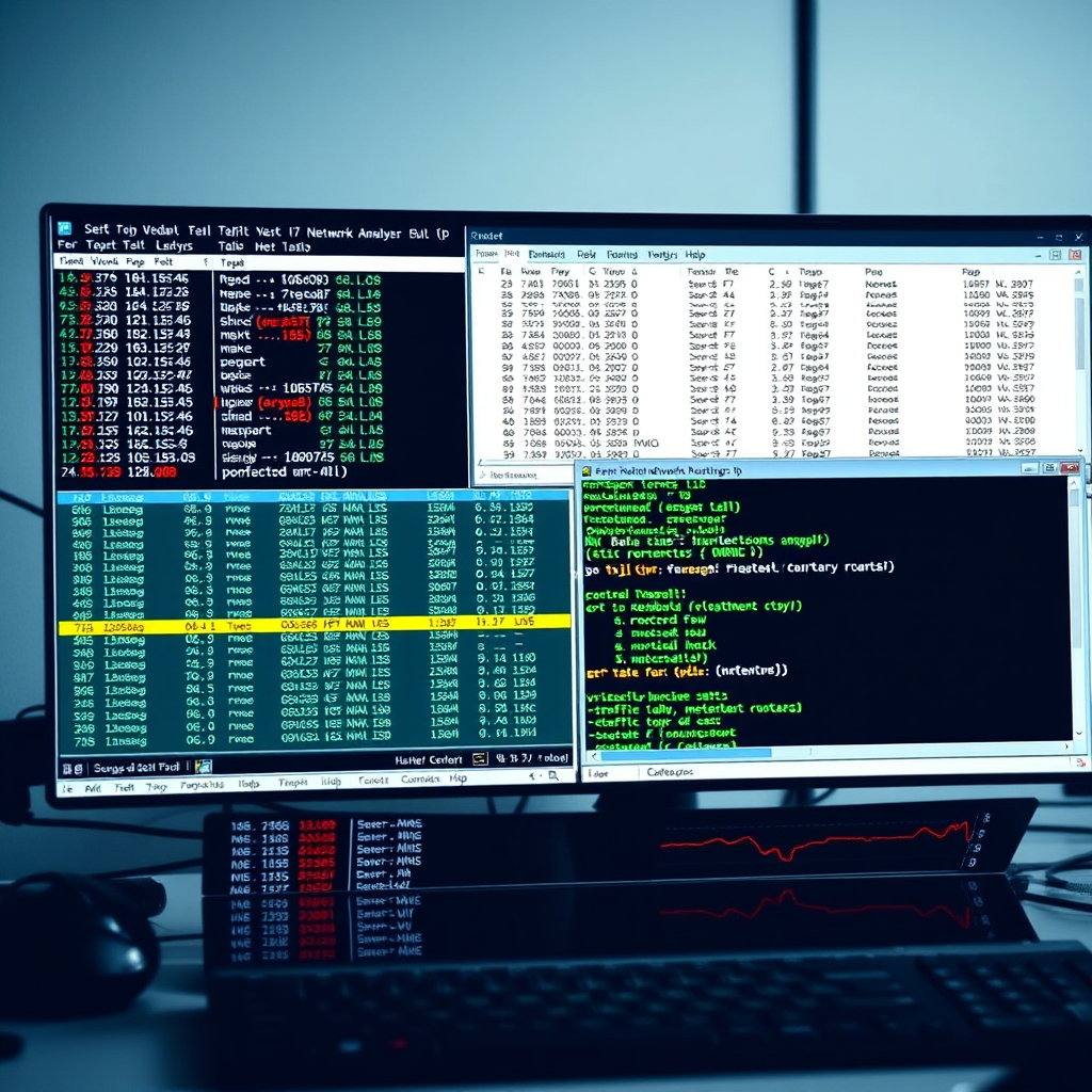 Wireshark network protocol analyzer interface displaying captured network packets with detailed protocol information, packet headers, and traffic analysis in a professional network monitoring setup