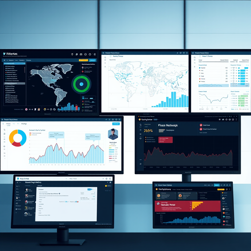 Modern network analytics dashboard displaying real-time network topology map, security threat indicators, performance metrics graphs, and automated alert notifications on multiple monitor screens