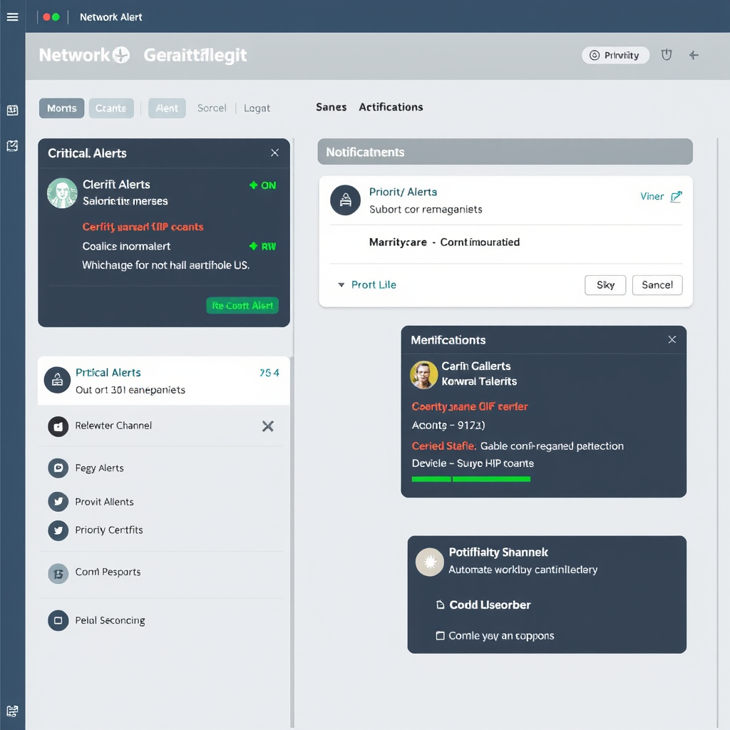 Network alert management interface showing critical alerts, escalation workflows, and notification channels with priority-based color coding and automated response options