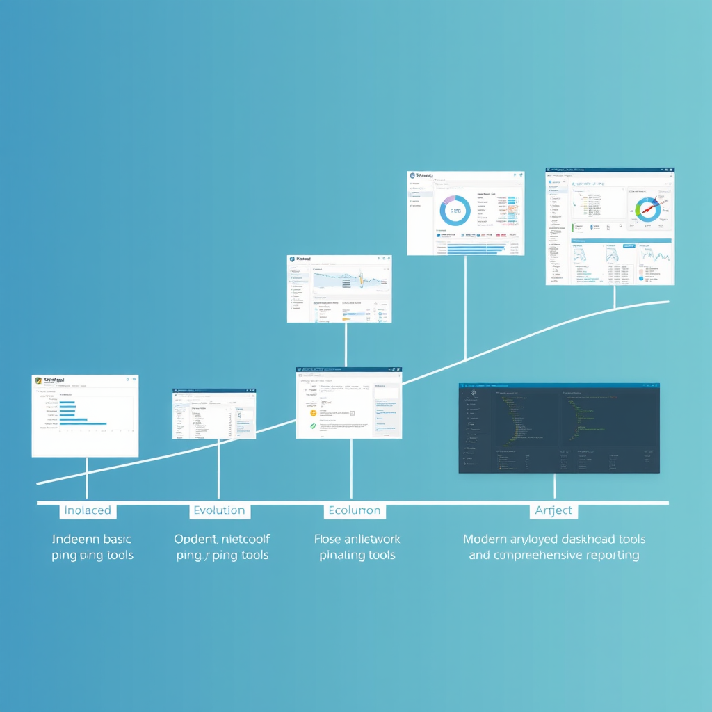 Evolution timeline showing progression from basic network ping tools to modern advanced IP scan tools with analytical dashboards and comprehensive reporting interfaces