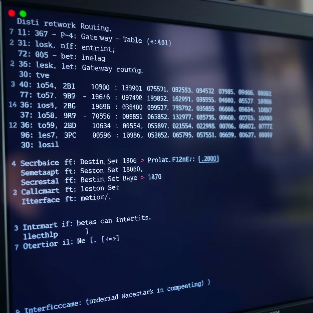 Computer screen showing network routing table with destination networks, gateway addresses, interface information, and metric values in a command line interface for network troubleshooting