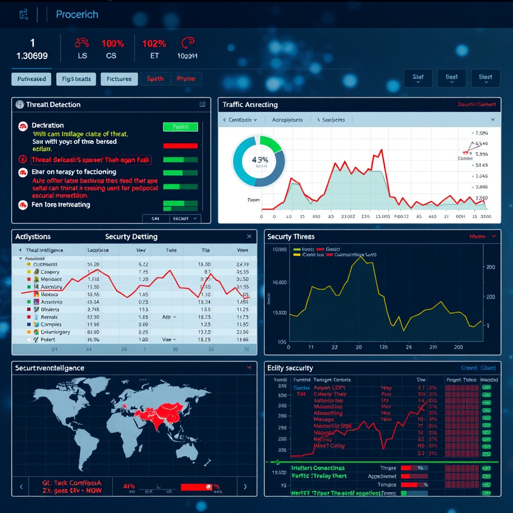 Integrated security monitoring dashboard showing threat detection alerts, traffic anomaly analysis, and security event correlation with real-time threat intelligence feeds