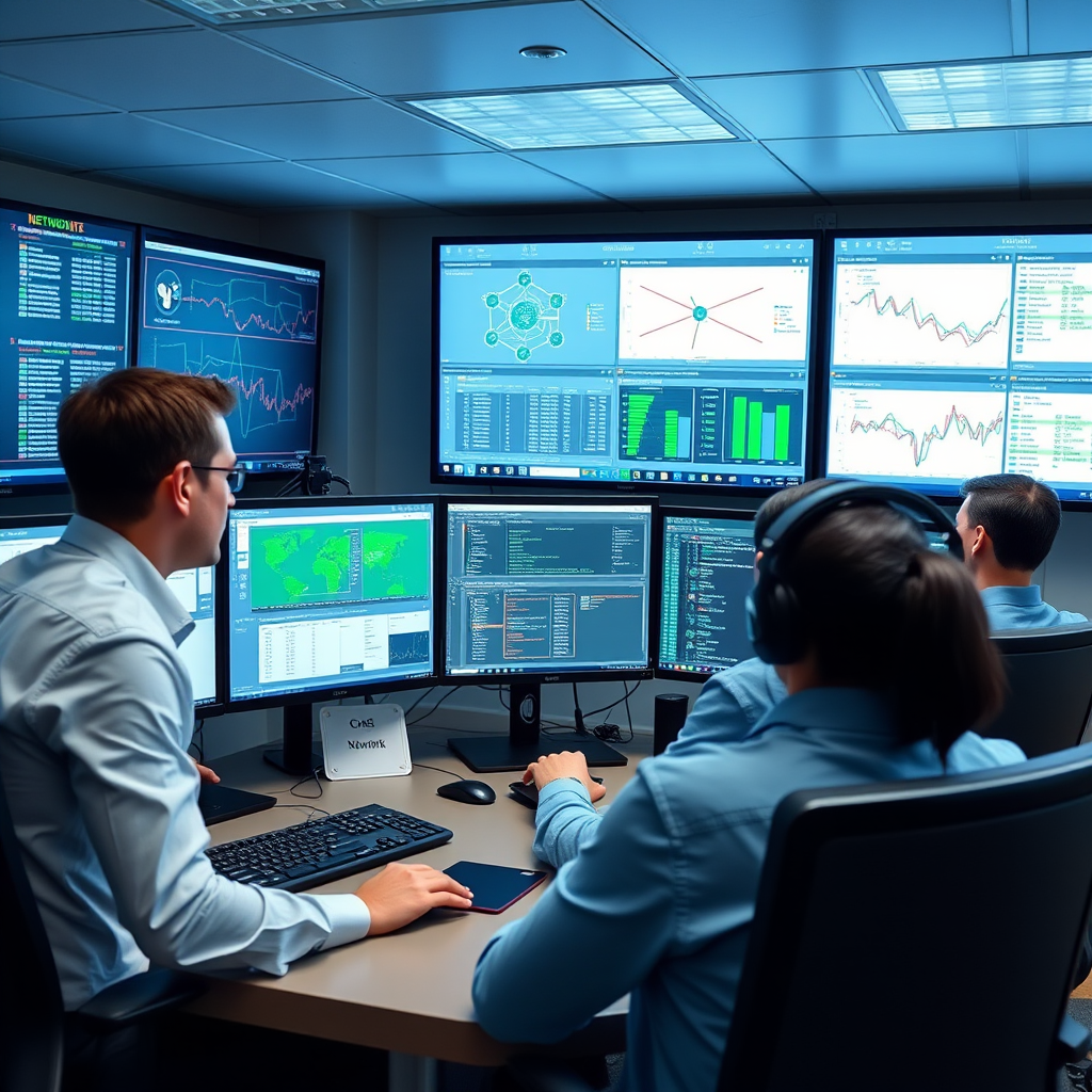 Professional network operations center training session with IT staff learning to use advanced monitoring tools and dashboards, featuring multiple screens displaying network topology and performance metrics